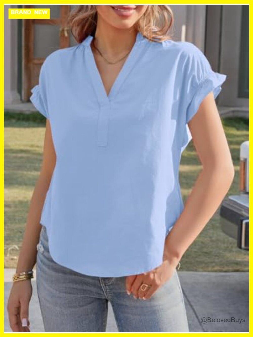 Womens Ruffle Short Sleeve V Neck Cotton Blouse Business Casual Summer Top - Picture 4 of 6